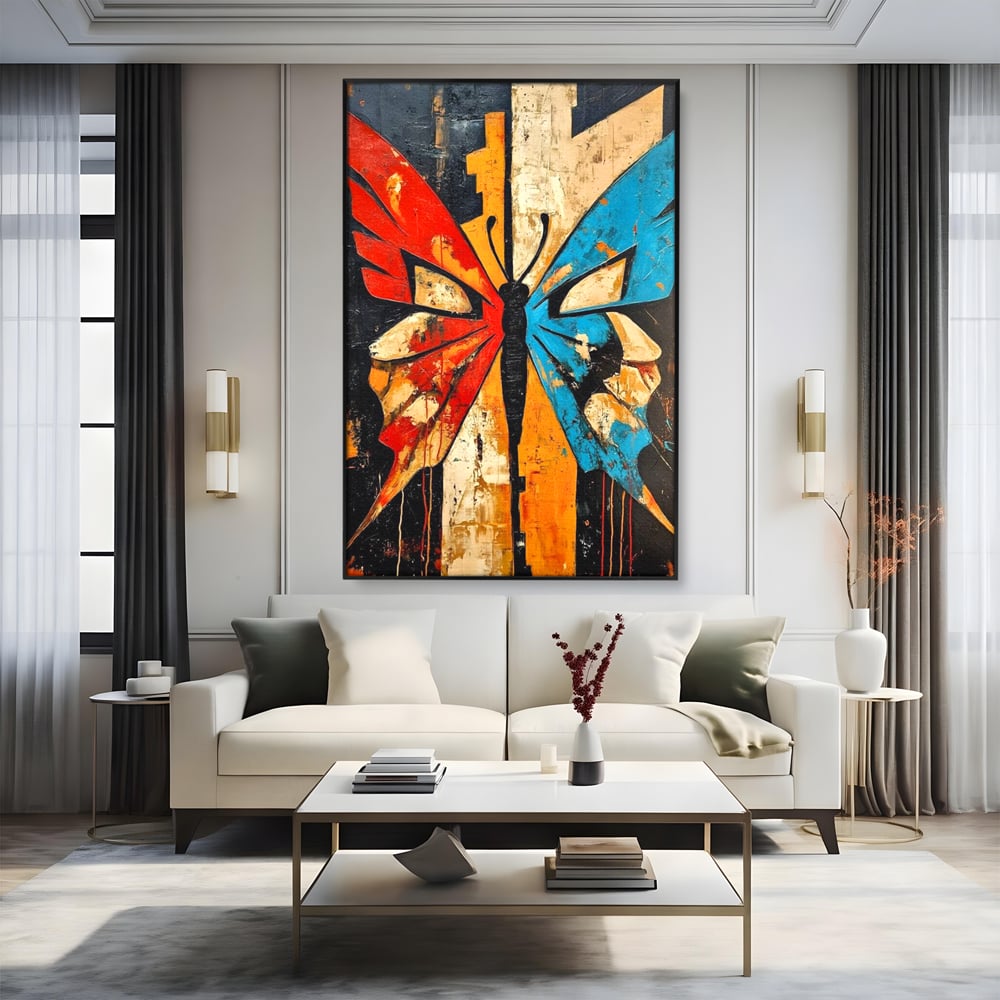 Tablou canvas cu tablou canvas cu fluture stilizat in culori vii, in rama de aluminiu negru, pe perete intr-un living